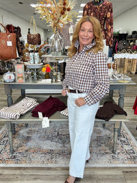 Brown Gingham Statement Collar Blouse