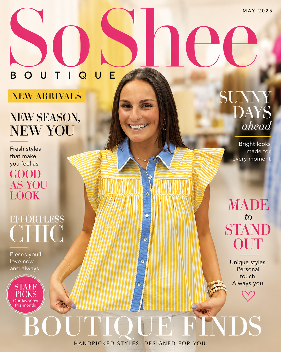 The Shana top - yellow and white striped top with ruffle sleeves and blue outline down the buttons - Entro