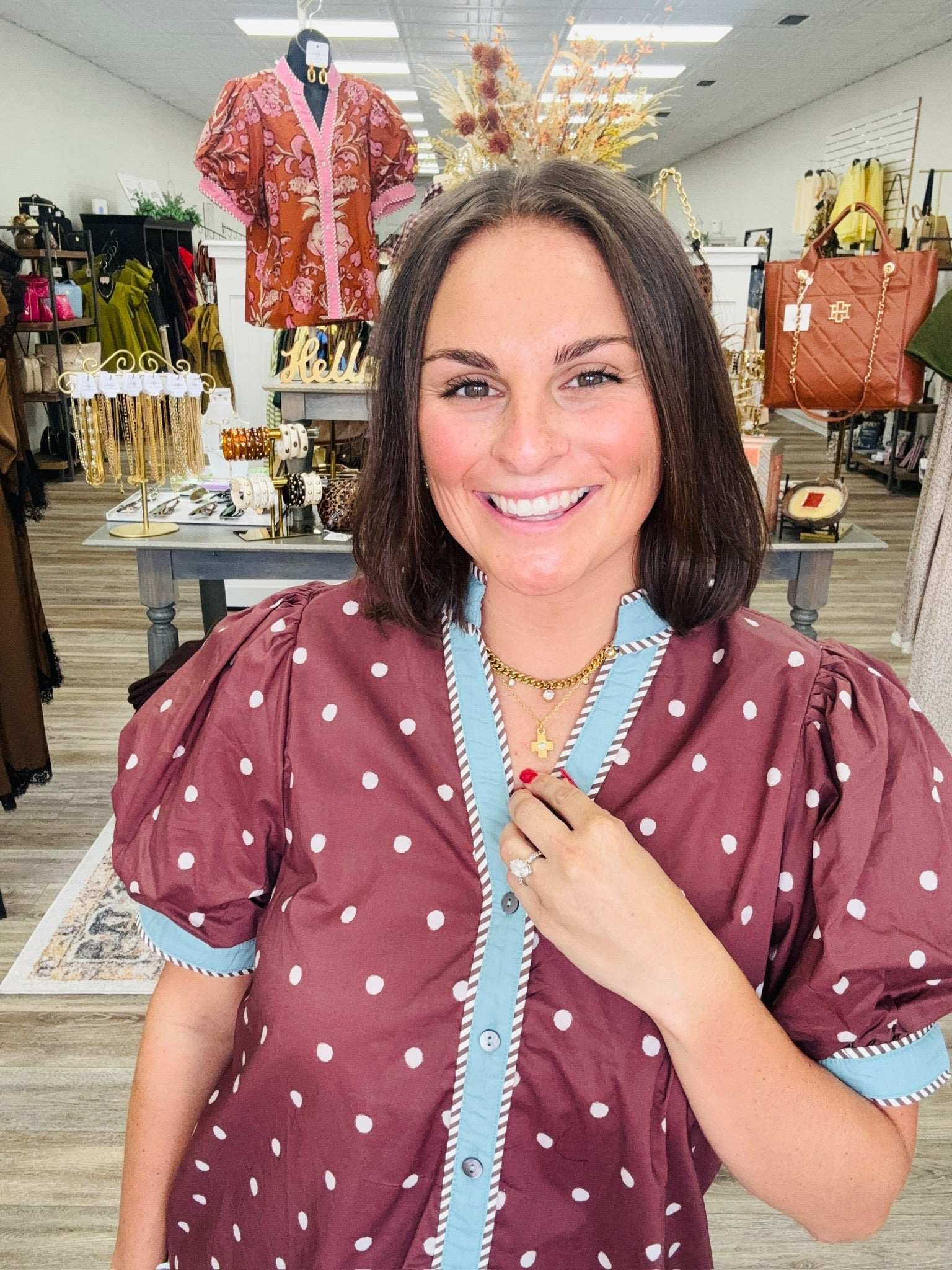 Country Charm Polka Dot Blouse - Cocoa brown polka dots, blue trim  puff sleeve blouse. A flattering V-neck adds the perfect finishing touch.