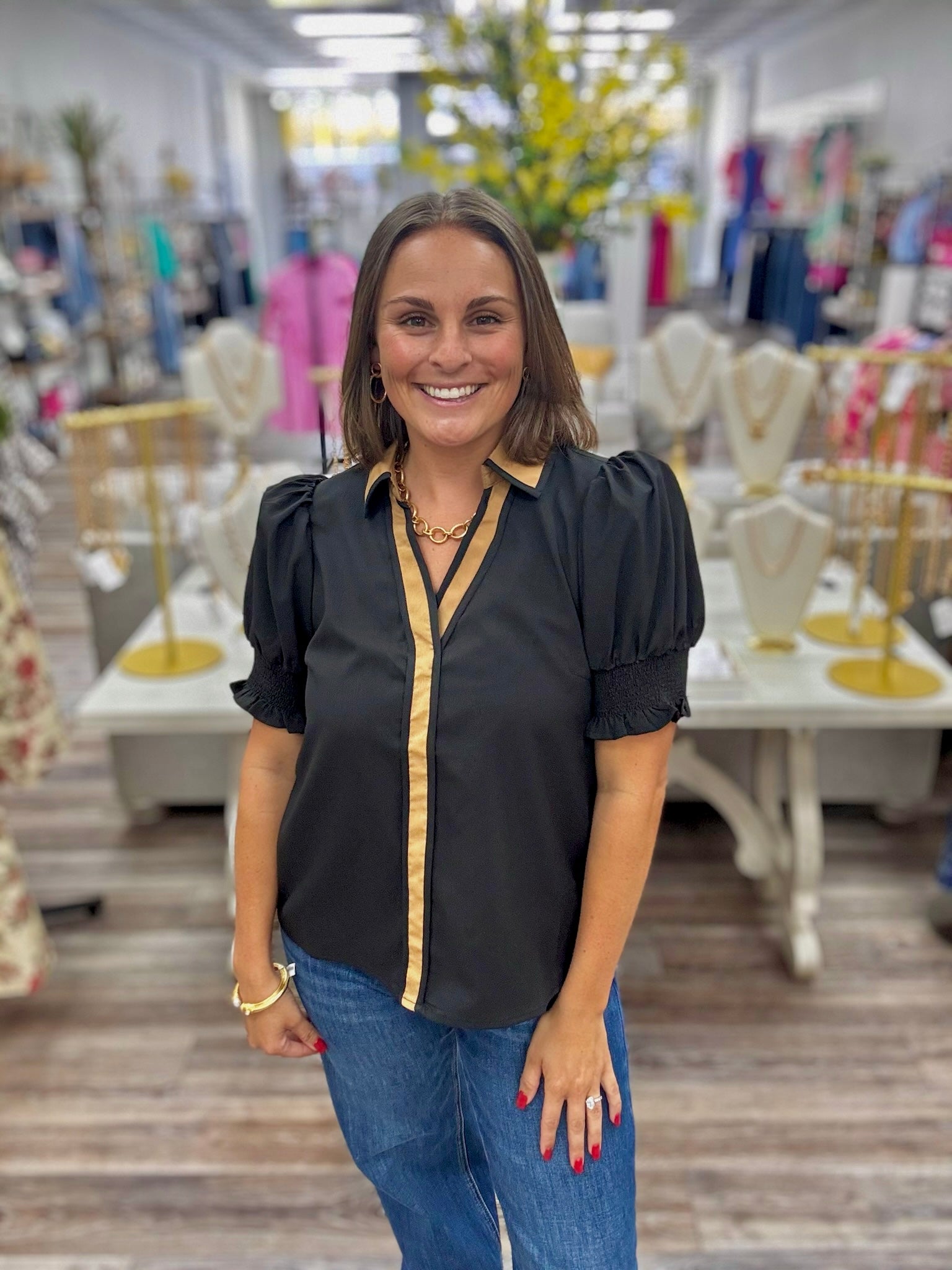 Sadie Black Top - Brown Collar Button Down Detail With Puff Sleeve V Neckline Featuring a Relaxing Fit