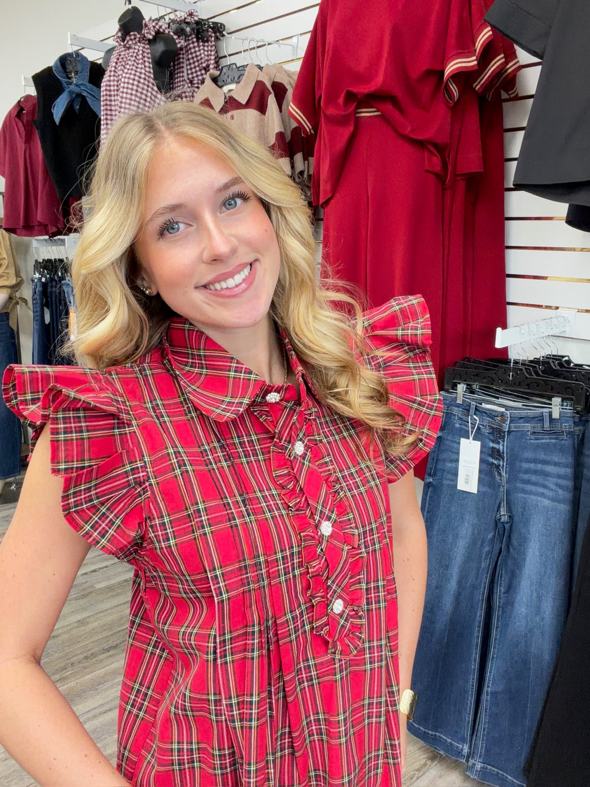 The Kristen Red Plaid Top - Collar detailing ruffle sleeve cz button
