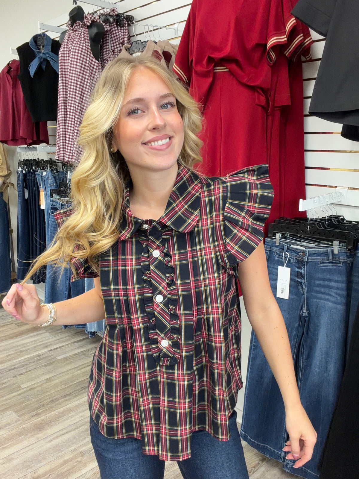 The Kristen Black Plaid Top - Collar detailing ruffle sleeve cz button