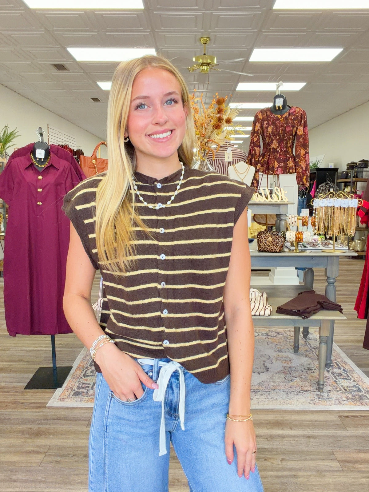 Golden Latte Stripped Sweater- Sleeveless yellow and brown striped button up