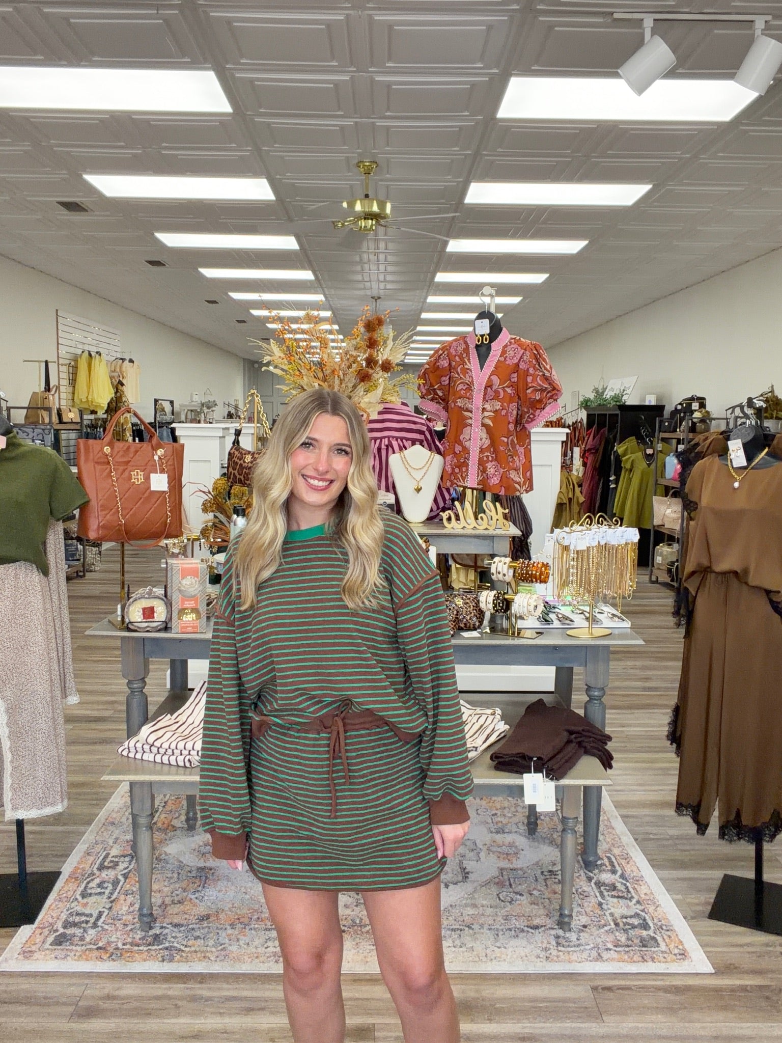 The Sutton Striped Set - striped browns long sleeve top with a squirt