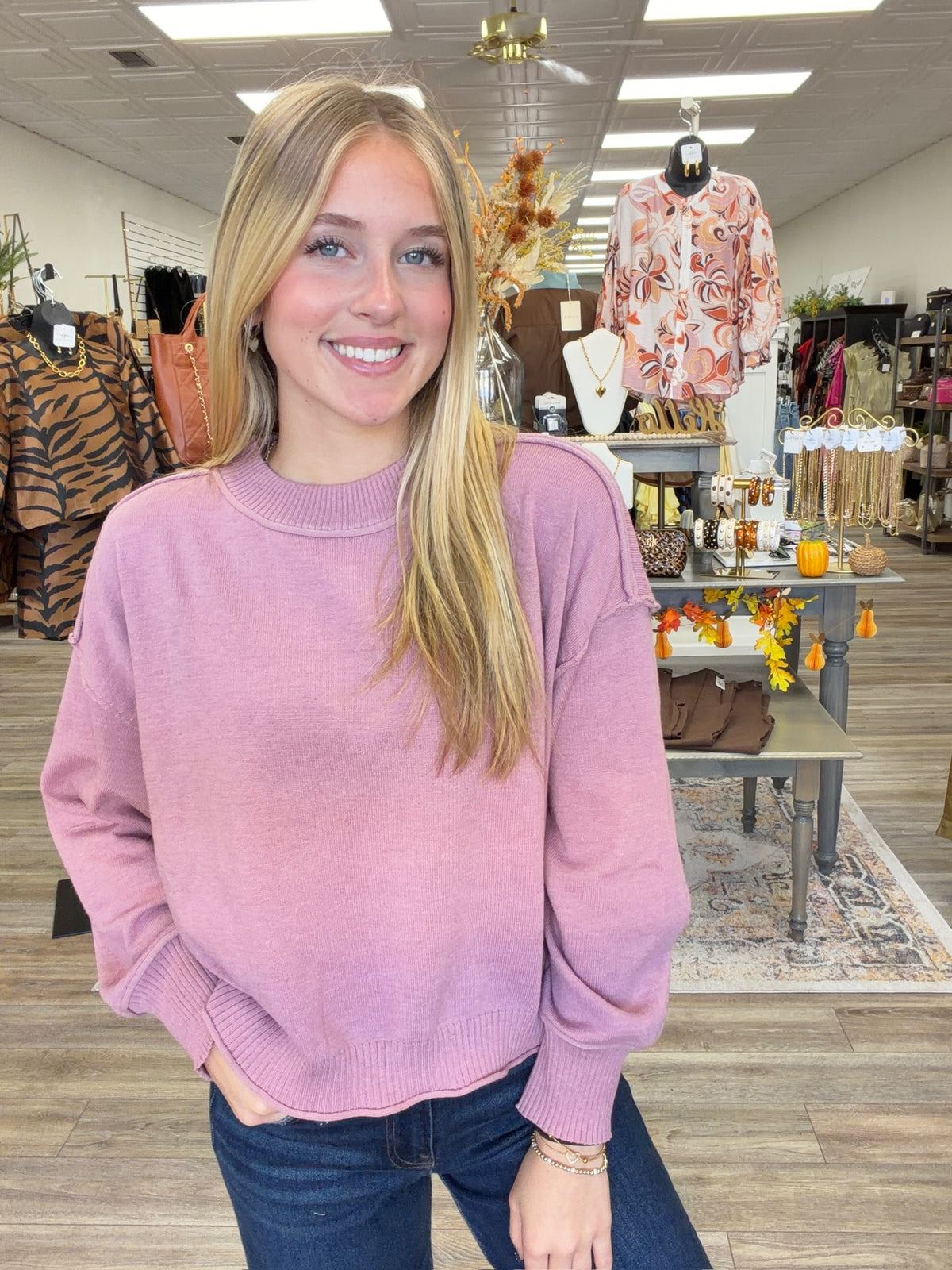 The Morgan sweater - blush pink knit sweater, exposed seam detailing, dropped shoulders, and ribbed trim at the neckline, cuffs, and hem