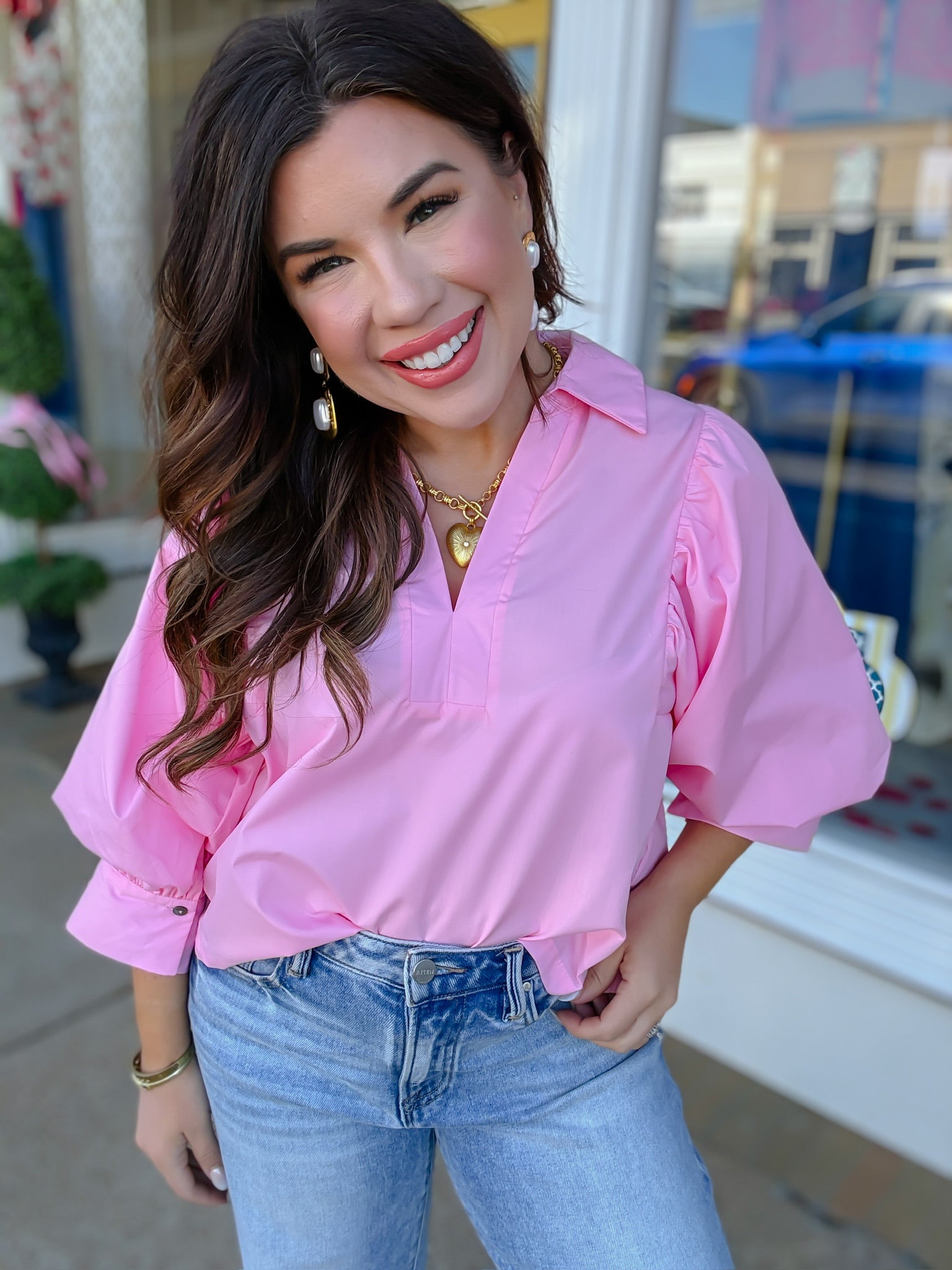 The Iris Top - Pink V Neck Collar Puff Sleeve- Entro