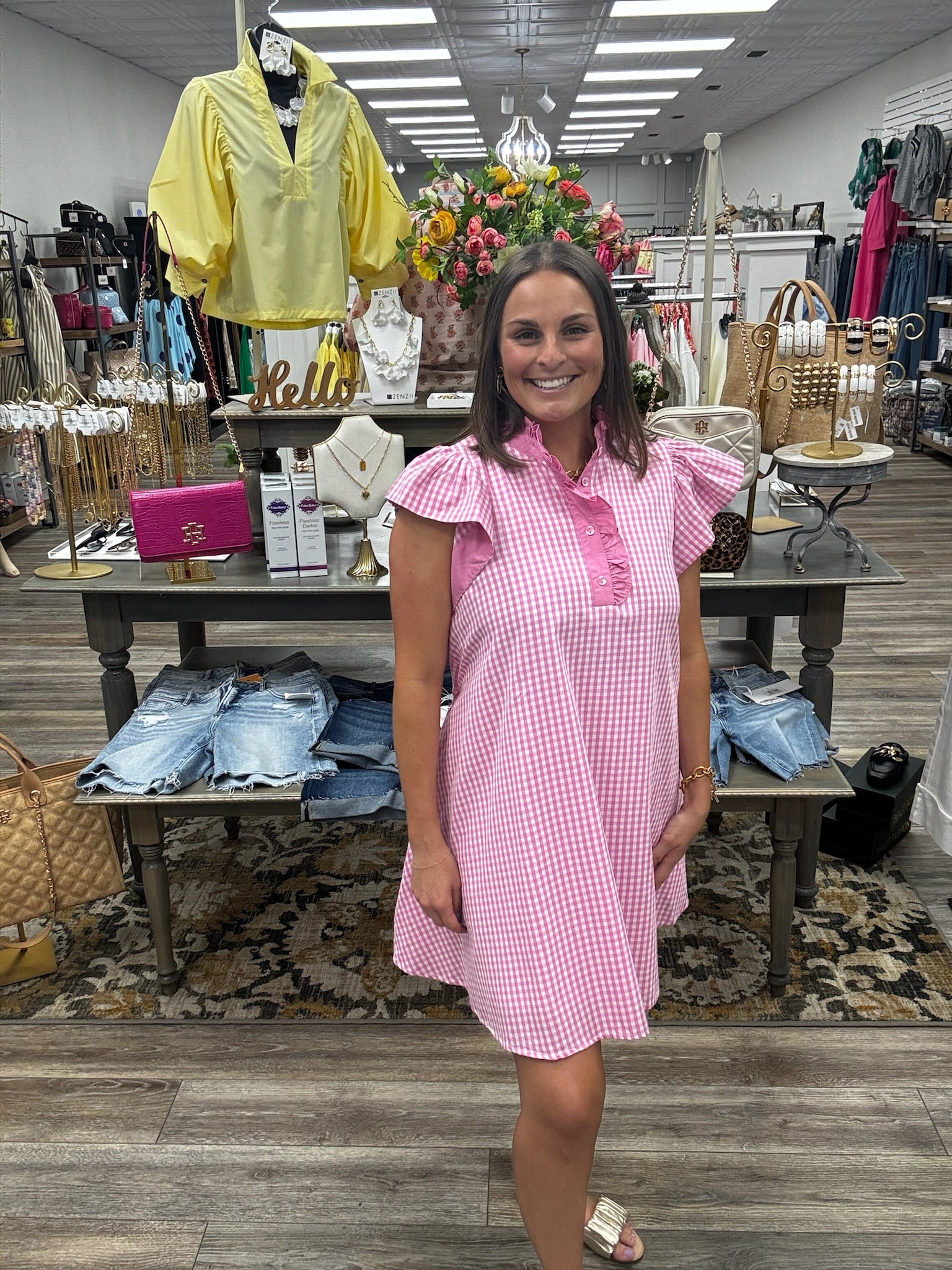 The Jami dress - pink and white gingham print ad ruffle sleeves - Entro