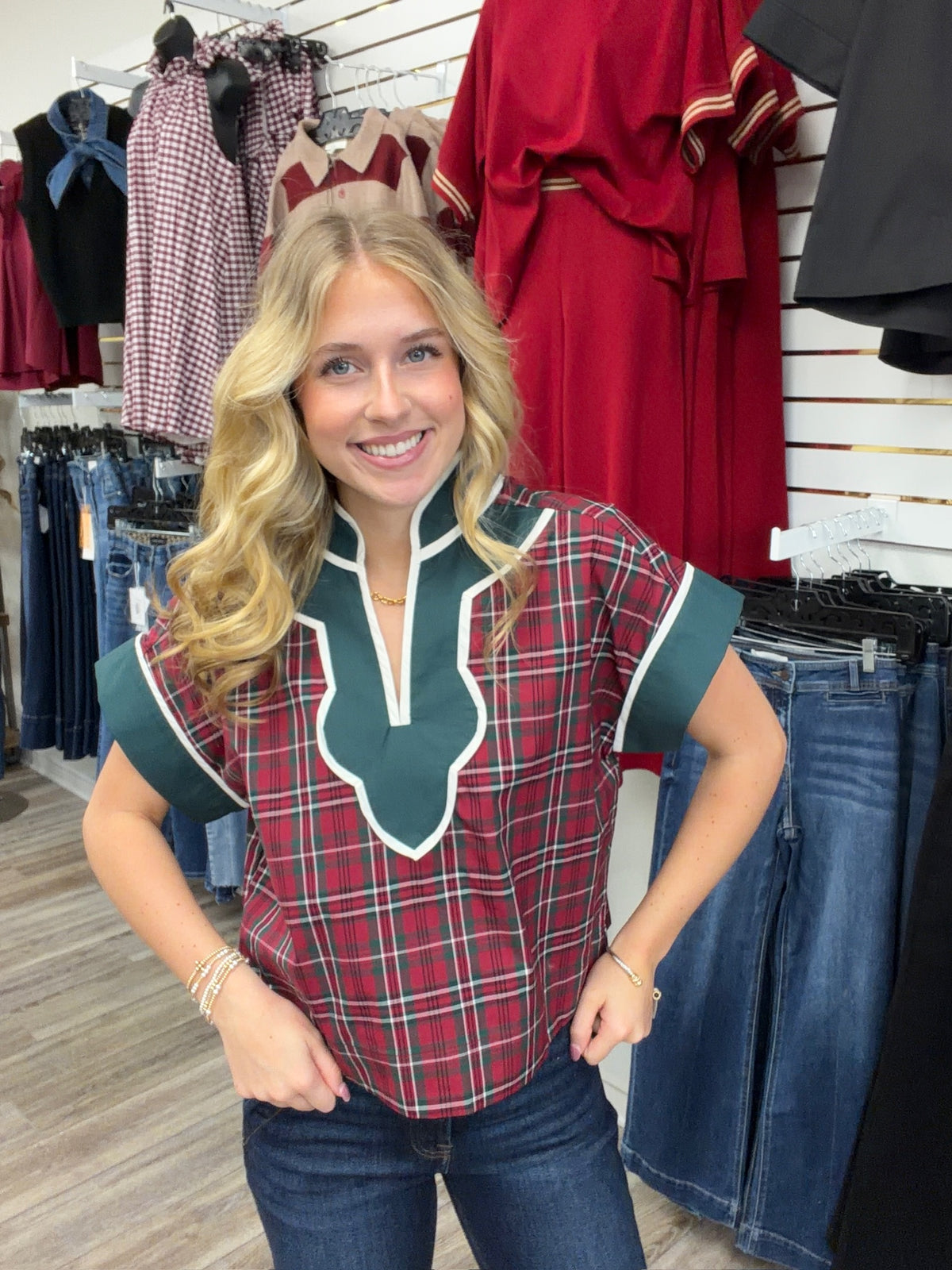 The Ellen Top - Plaid Detailing with a cap sleeve V-neck detailing