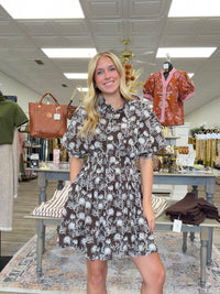 Autumn meadow dress - chocolate brown collared mini dress features an allover cream floral embroidery print, short sleeves, a button-front bodice, and a relaxed, flowy silhouette
