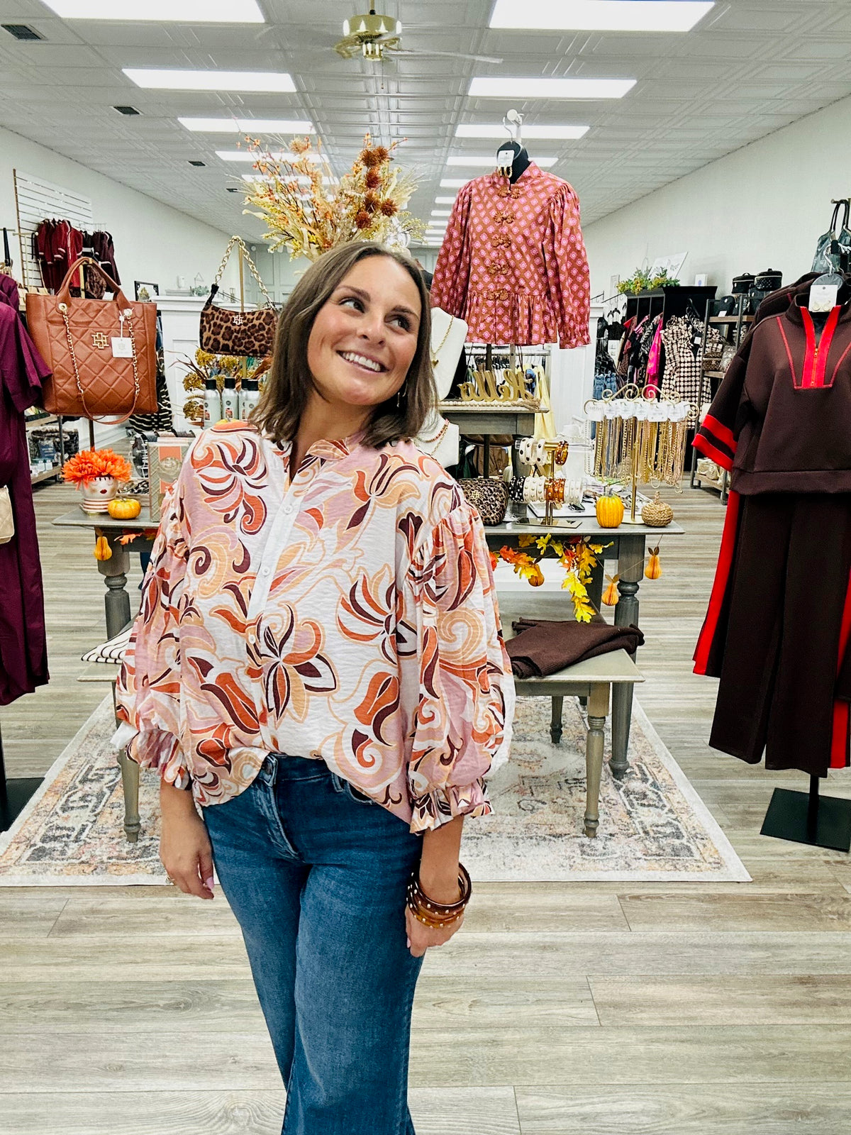 The Sienna Top - Front Button With Ruffle Sleeves And Fall Pattern