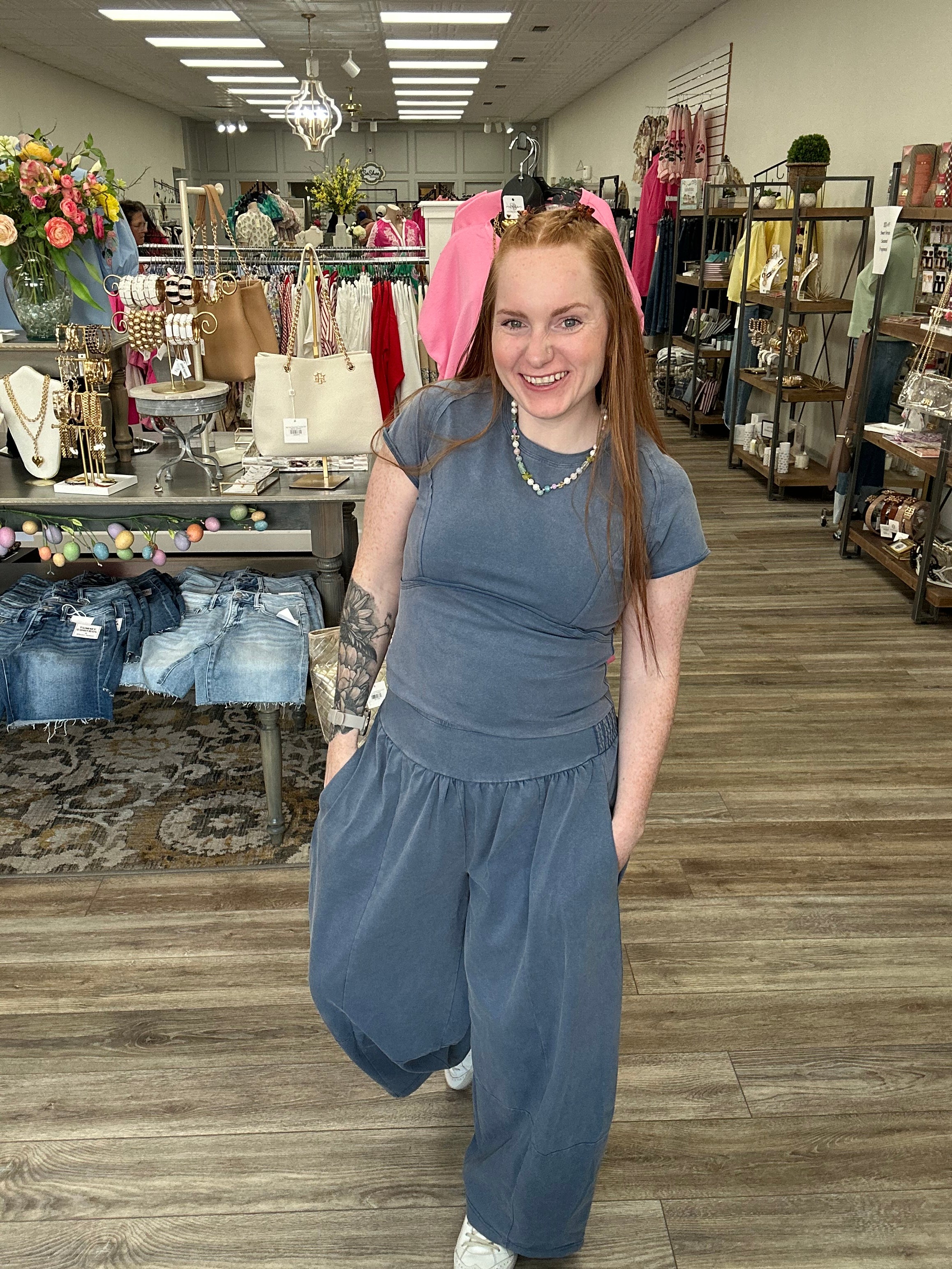 The Camille Set - Blue Mineral Wash with Wide Leg Pants & Cropped T-Shirt - Ee:some