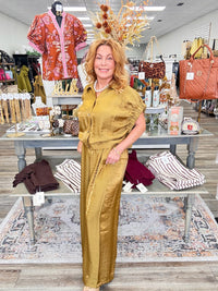 The Amanda Mustered Pant Set - Collar blouse with short sleeve band sleeve high waist wide leg pants