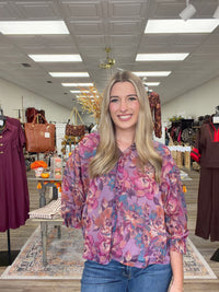 Plum in Bloom Blouse - flowy plum floral blouse featuring a colorful vintage-inspired print, button-front detailing, and feminine billowy sleeves