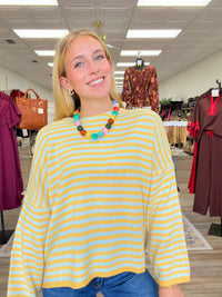 Meet me in stripes sweater - Cozy tangerine and blue striped knit sweater featuring a relaxed fit, classic round neckline