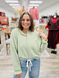 Simply Sage Striped Sweater - cozy sage green and ivory striped button-front sweater featuring a soft, fuzzy texture, relaxed fit, and classic crew neckline