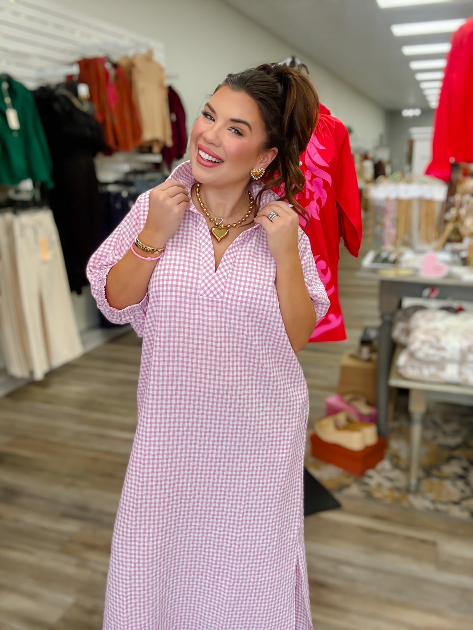 The Charlotte Gingham Dress - Pink Sihouette V Neck Collar - Entro
