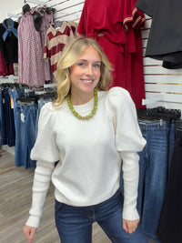 Pretty in ivory sweater -  ivory knit sweater featuring feminine puff sleeves, a classic round neckline, and a relaxed high-low hem.