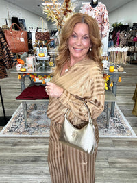 The Sienna Metallic Stripe Two Piece Set - Gold Taupe V Neck Long Sleeve Wrap Blouse