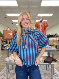 The Gayla Striped Top - Puff Sleeve Tie Front Striped Top