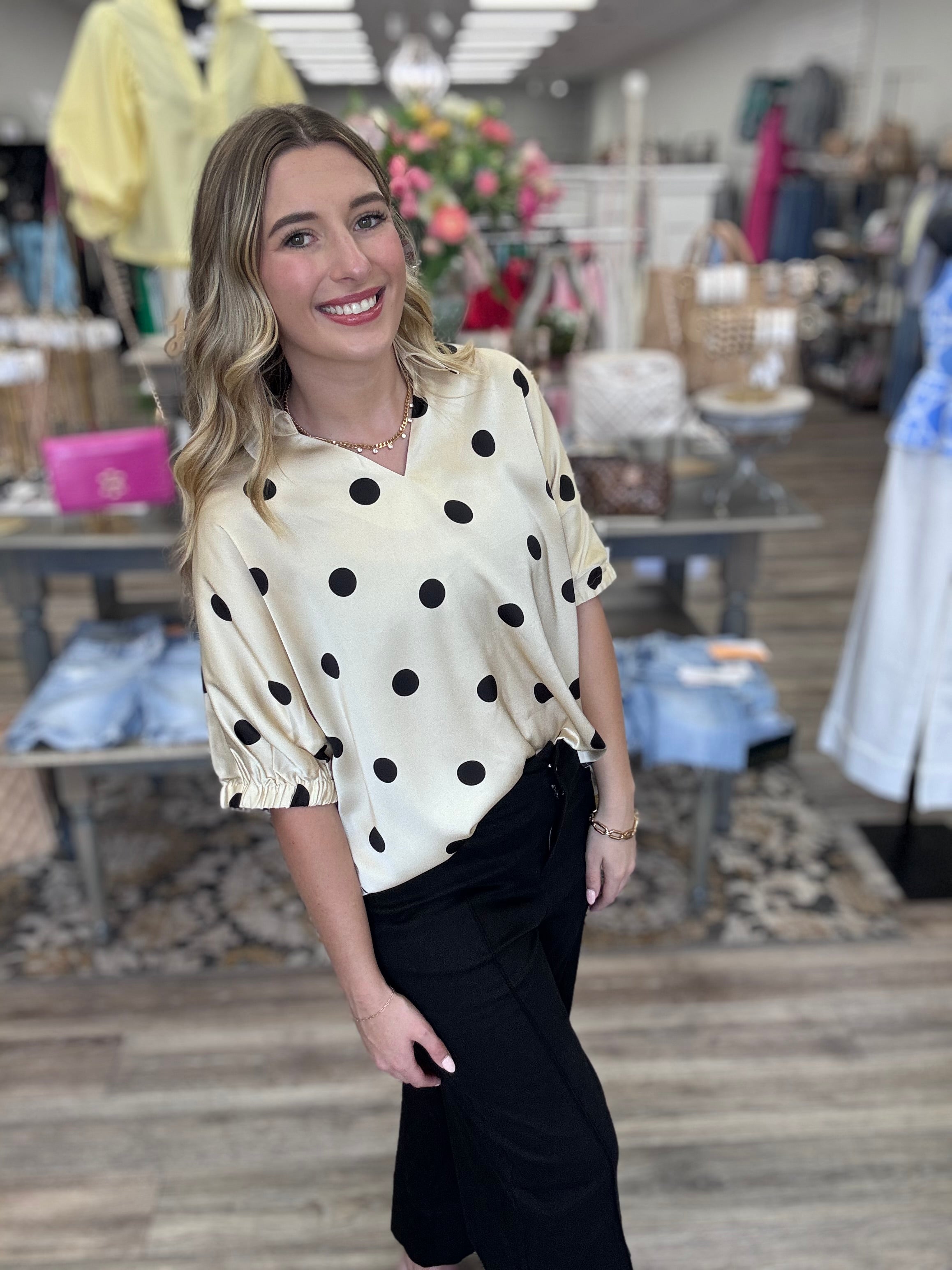 The Nikki Top - collared V neck with polka dots - Jodifl