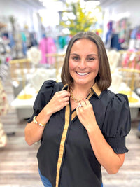 Sadie Black Top - Brown Collar Button Down Detail With Puff Sleeve V Neckline Featuring a Relaxing Fit