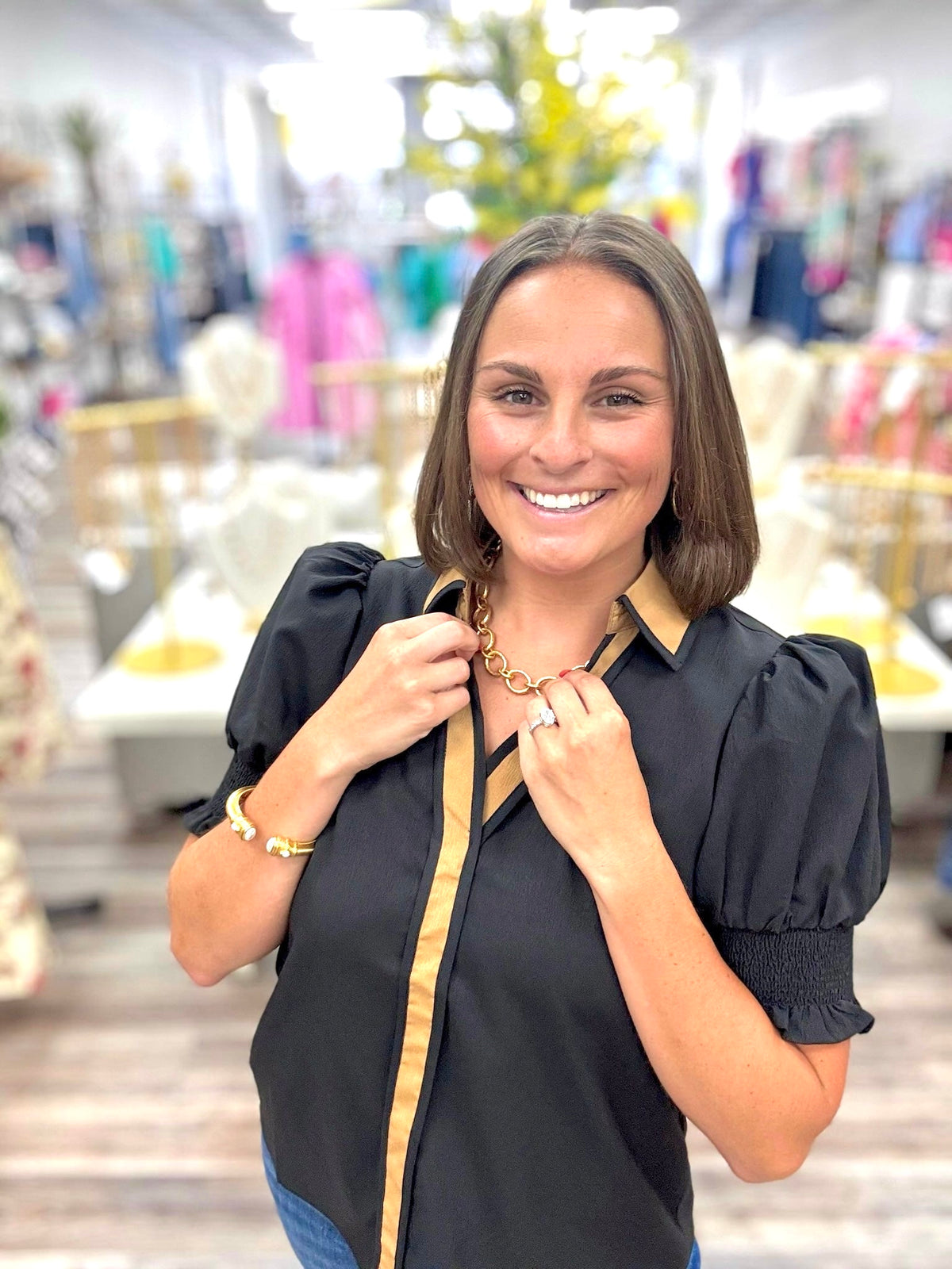 Sadie Black Top - Brown Collar Button Down Detail With Puff Sleeve V Neckline Featuring a Relaxing Fit