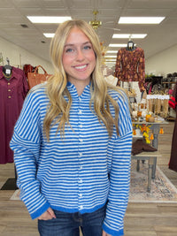 Coastal Breeze Striped Button-Up Hooded Sweater