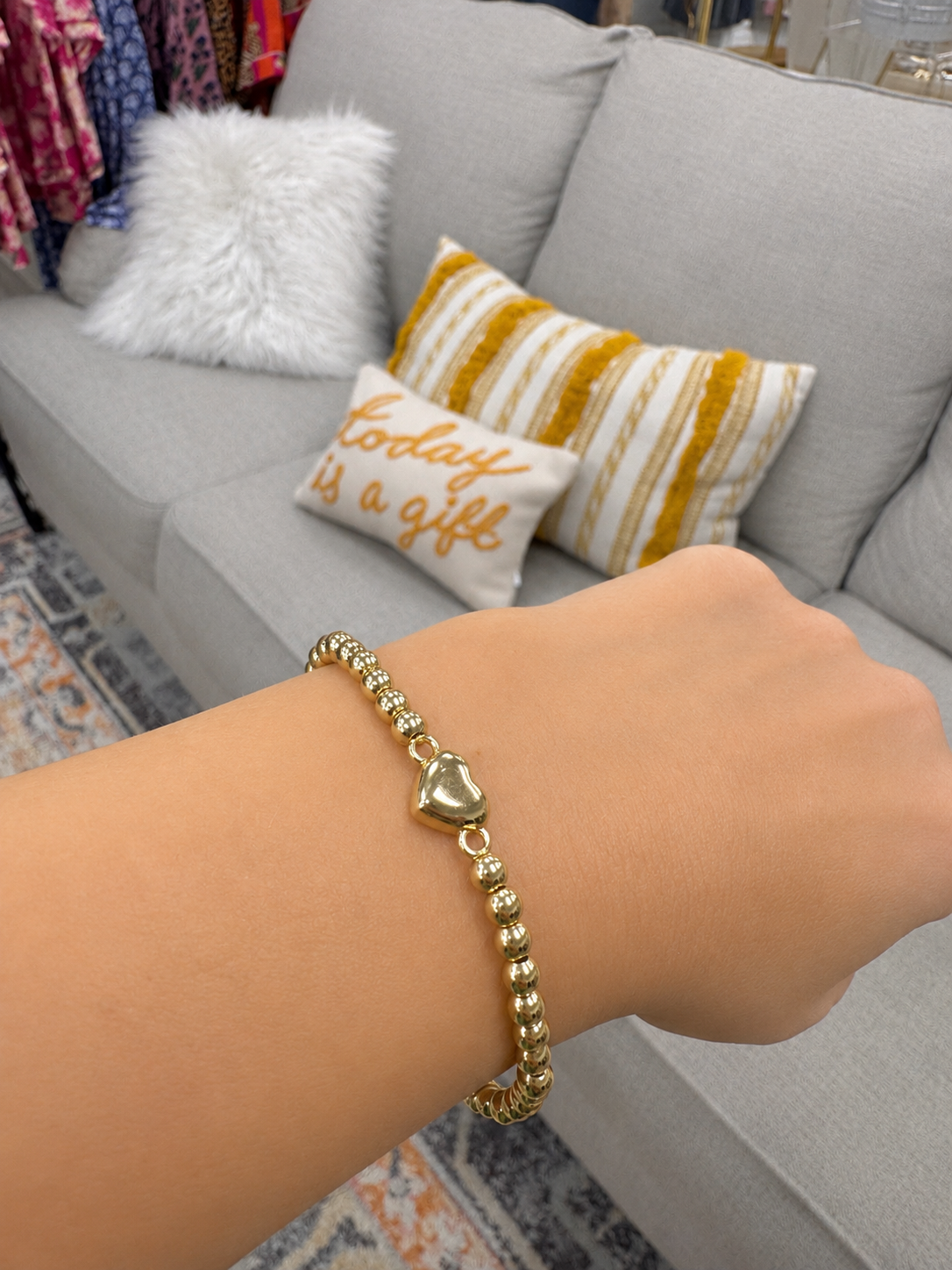 Stretch beaded stackable gold bracelet with heart accent– steel 18 karat gold overlay