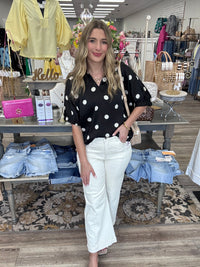 The Nikki Top - Black top collared V neck with polka dots - Jodifl