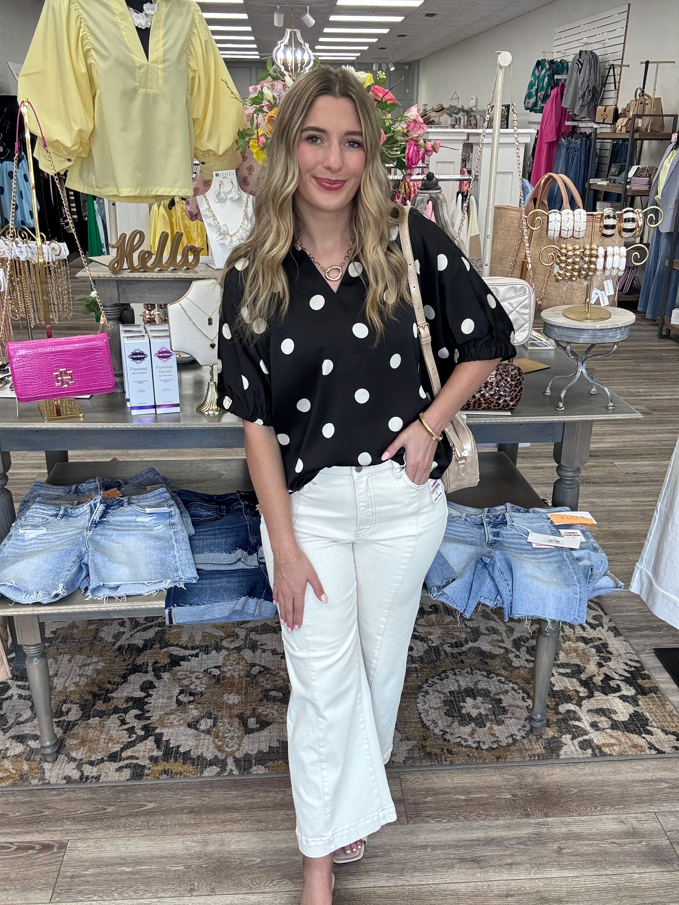The Nikki Top - Black top collared V neck with polka dots - Jodifl