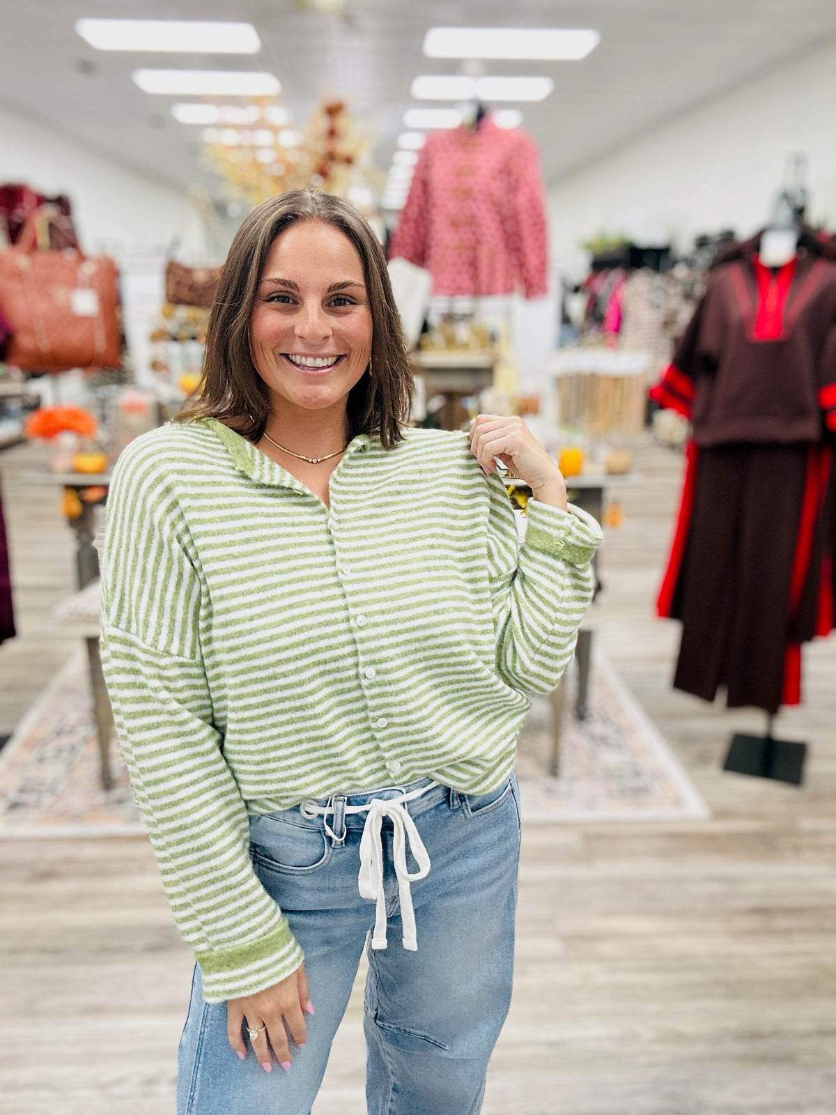 Simply Sage Striped Sweater - cozy sage green and ivory striped button-front sweater featuring a soft, fuzzy texture, relaxed fit, and classic crew neckline