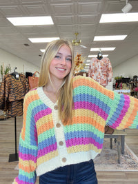 Esmeralda Rainbow Cardigan - Knit Button Down V Neck Slight Puff Sleeve Soft Fabric Cardigan