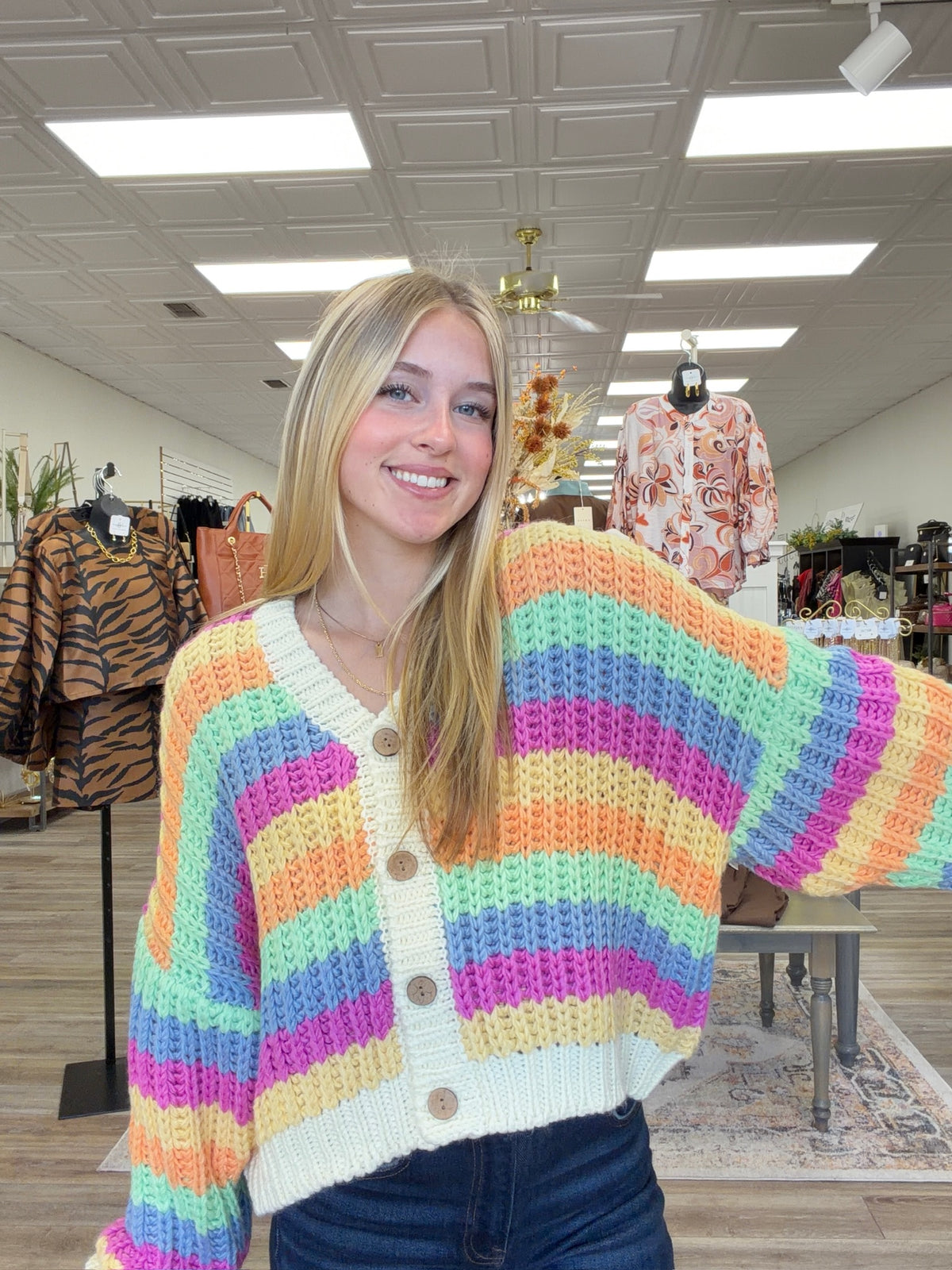Esmeralda Rainbow Cardigan - Knit Button Down V Neck Slight Puff Sleeve Soft Fabric Cardigan
