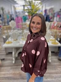 Pretty in polka dot - burgundy satin button-up top with oversized pink polka dots, featuring a classic collar, three-quarter sleeves, and a relaxed fit