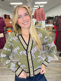 The Maya Leopard Cardigan - Cheetah  Print Button V Neck Green