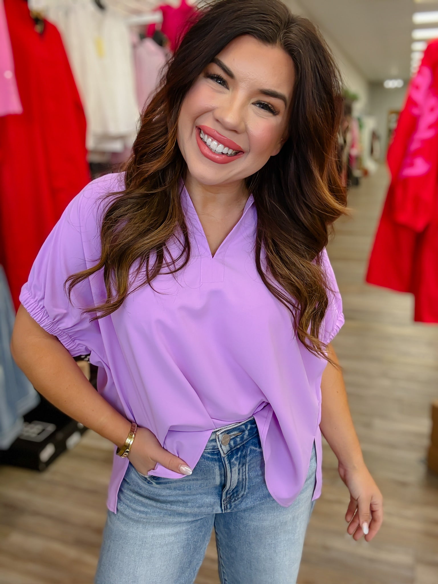 The Kennedy Lavender Blouse - Basic V neck With Collar Flowy - Entro