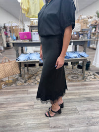 The Kassi skirt - Black Satin Effect lace midi skirt- Glam