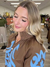 Blue Belle Embroidered Statement Blouse – Chocolate Brown