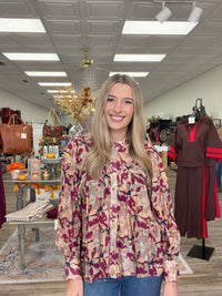 Burgundy Botanical Print Button-down blouse