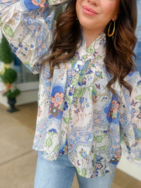 The Jerri top - Royal blue floral printed long sleeve button down top