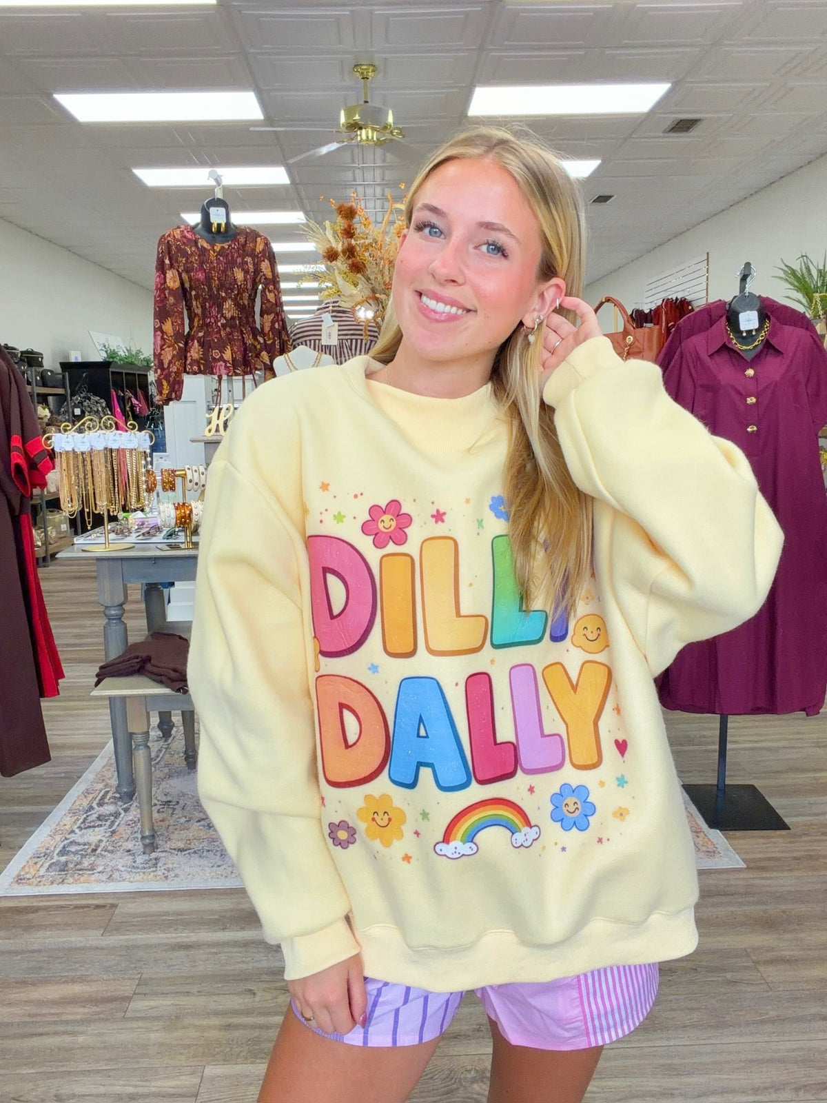 Butter yellow Dilly Dally Sweatshirt - Mock Neck butter yellow sweatshirt with rainbow print - bucketlist