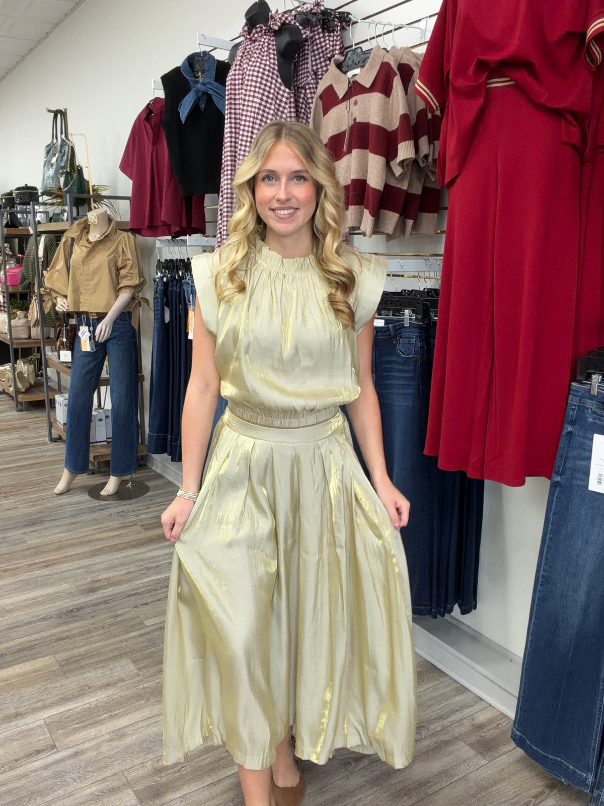 The Luxe Shirt Set - Ruffle Neckline Crop Top With Pleated Shimmer Midi Skirt