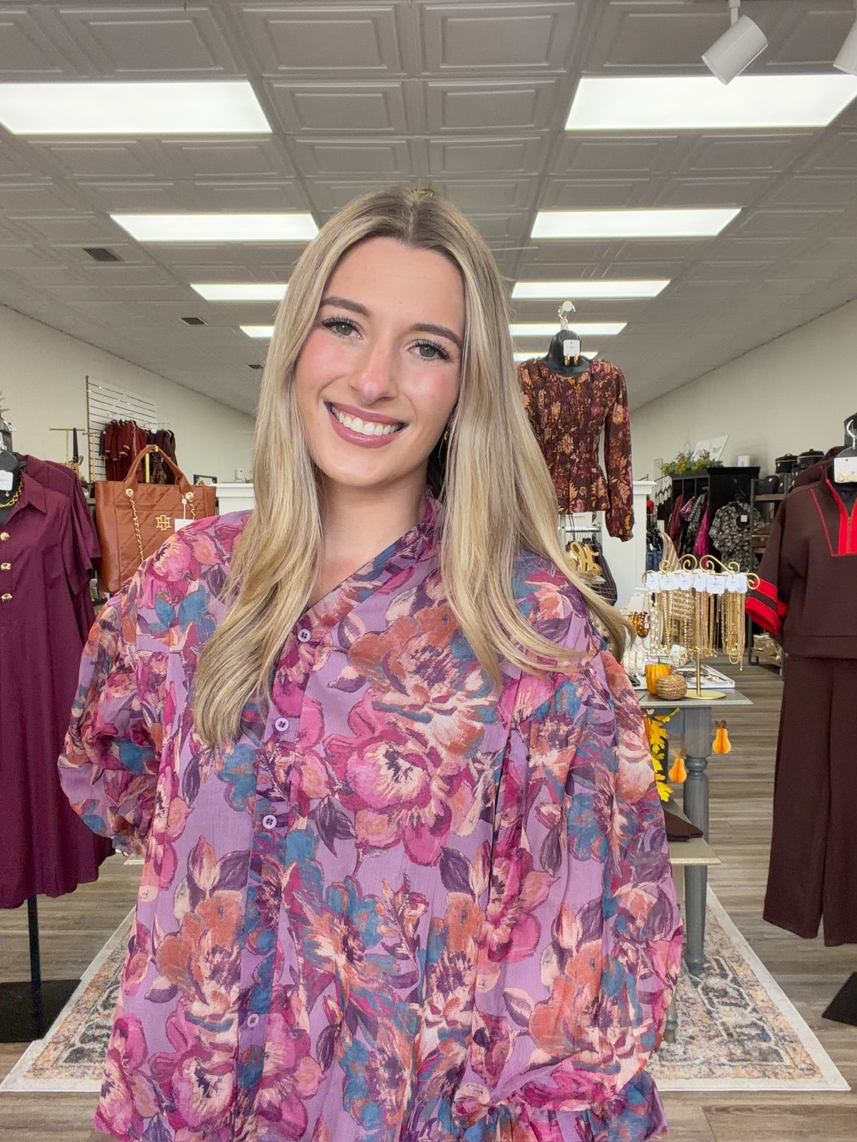 Plum in Bloom Blouse - flowy plum floral blouse featuring a colorful vintage-inspired print, button-front detailing, and feminine billowy sleeves