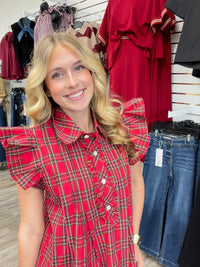 The Kristen Red Plaid Top - Collar detailing ruffle sleeve cz button
