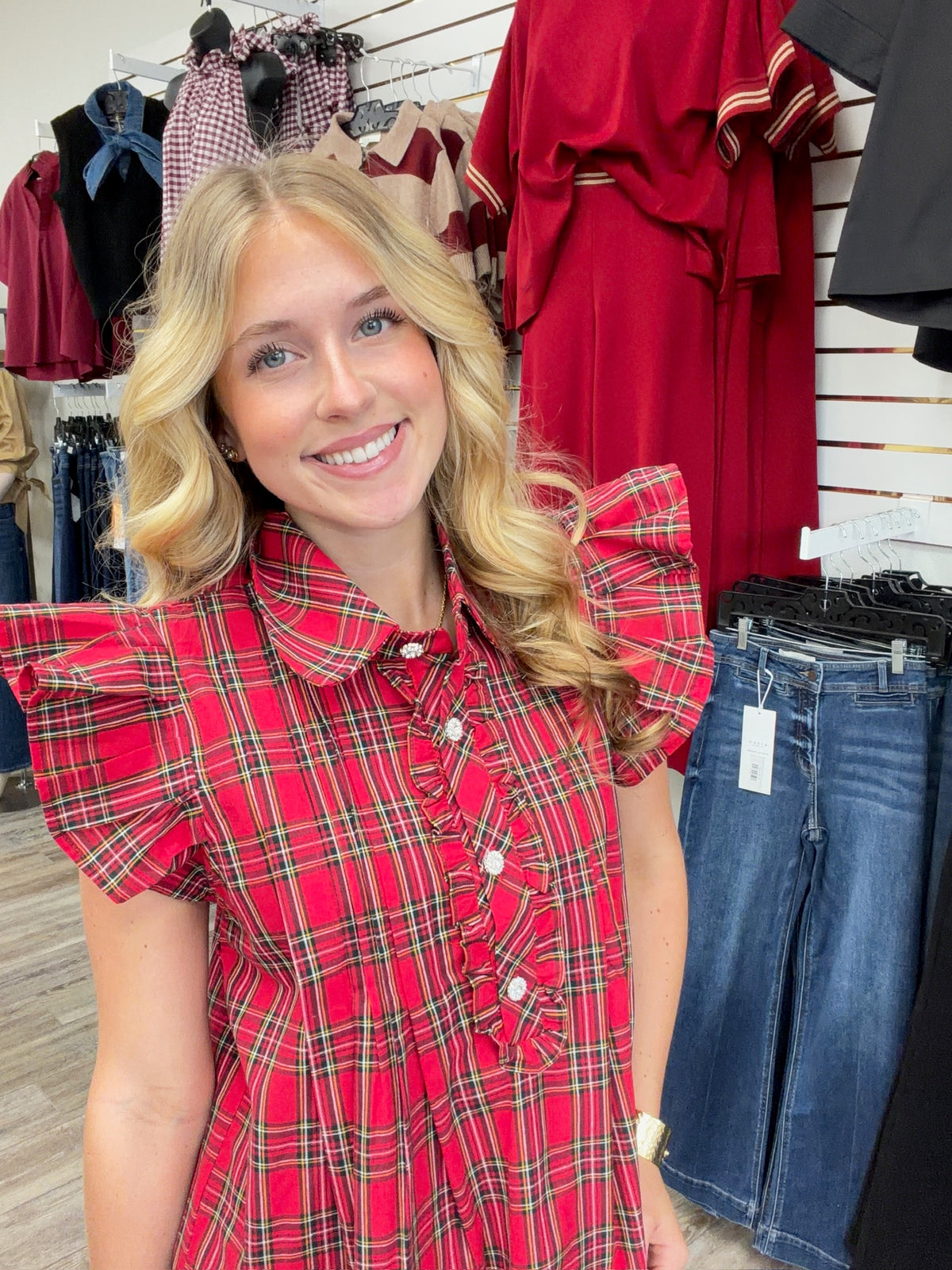 The Kristen Red Plaid Top - Collar detailing ruffle sleeve cz button