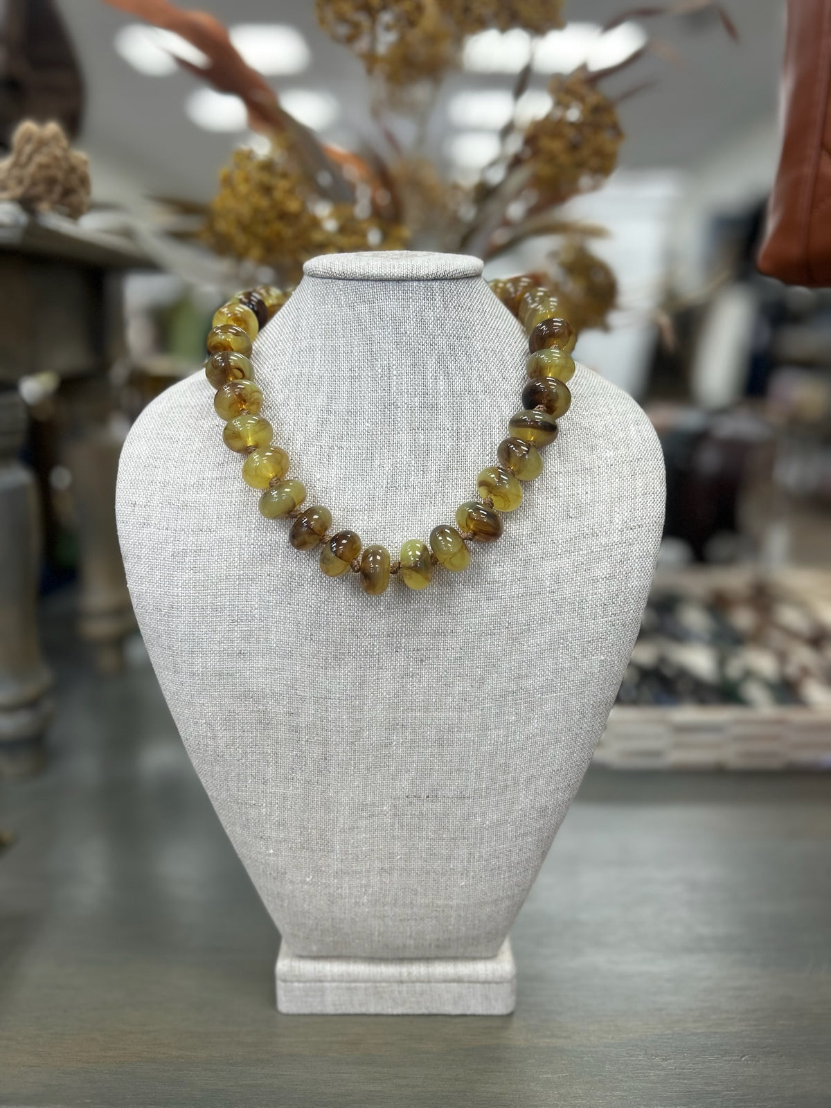 Amber Glow Beaded Necklace/blend of golden amber, honey, olive, and deep brown hues