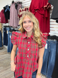 The Kristen Red Plaid Top - Collar detailing ruffle sleeve cz button