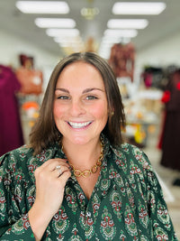 Evergreen Elegance Blouse - rich forest green blouse featuring a vintage-inspired floral print, statement collar, button-front detail, and flowy long sleeves.