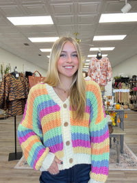 Esmeralda Rainbow Cardigan - Knit Button Down V Neck Slight Puff Sleeve Soft Fabric Cardigan