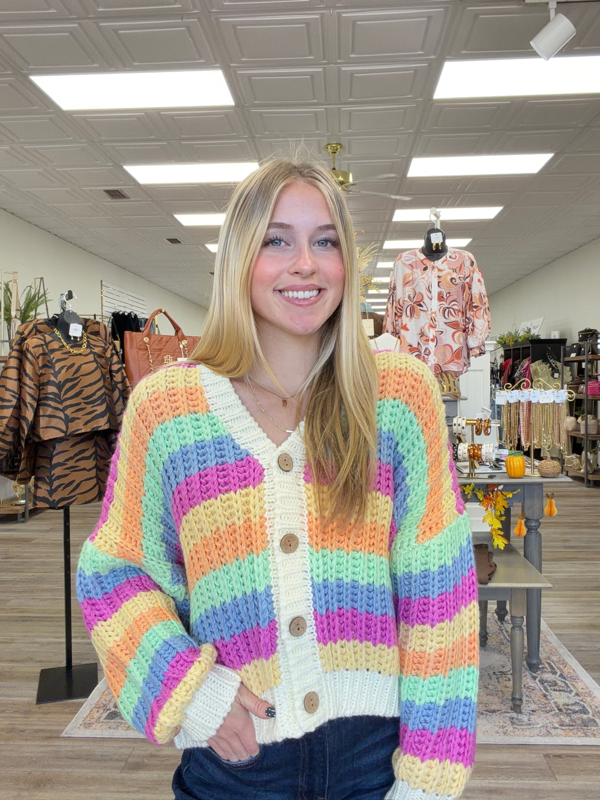 Esmeralda Rainbow Cardigan - Knit Button Down V Neck Slight Puff Sleeve Soft Fabric Cardigan